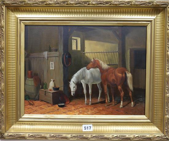 K G, oil on board, horses in a stable 28 x 38cm